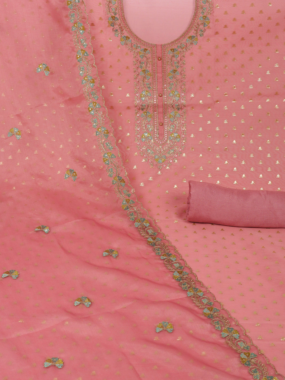 Party Edit- The unstitched dobby chanderi suit set features colourful resham and golden dori embroidery