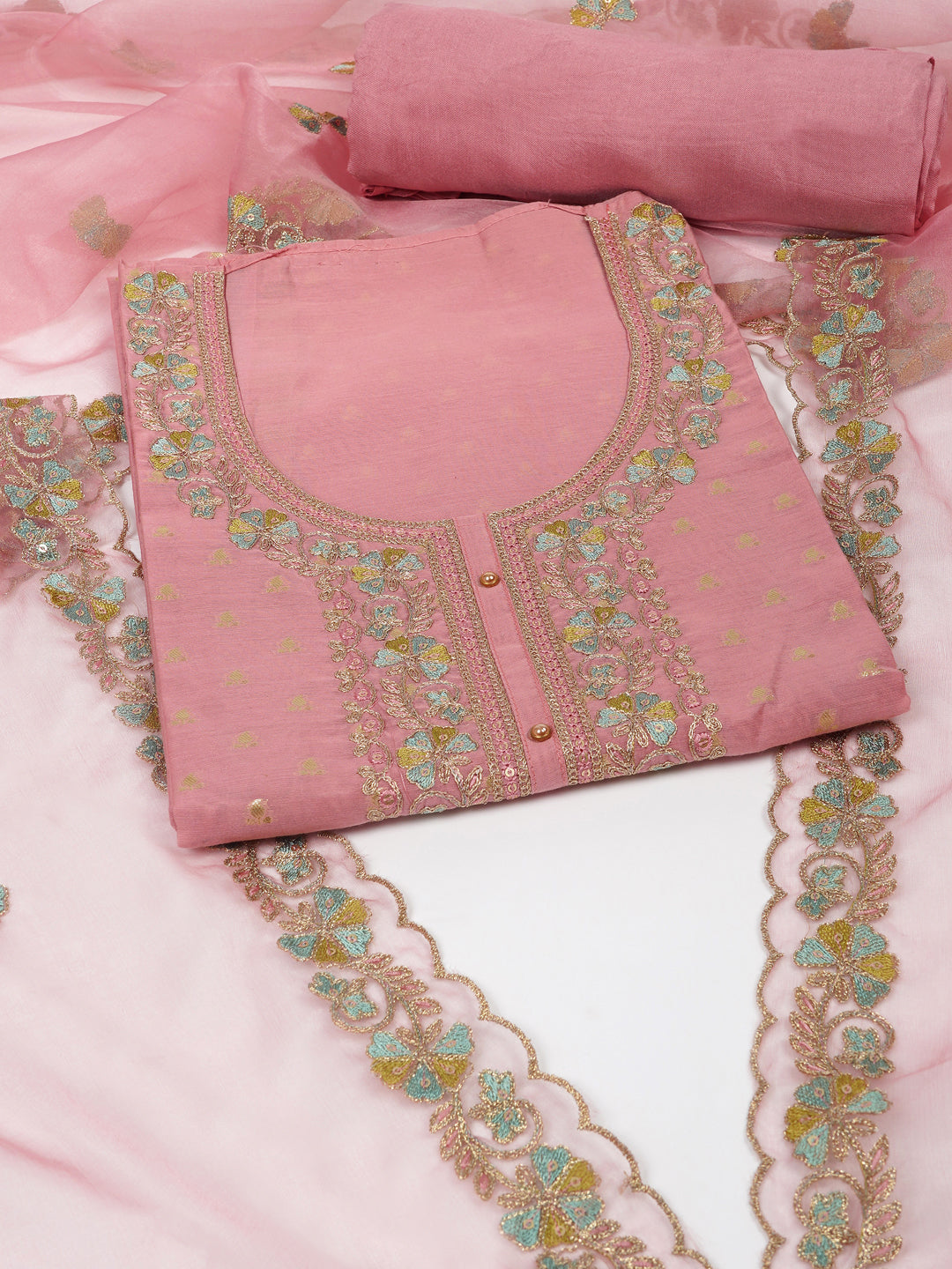 Party Edit- The unstitched dobby chanderi suit set features colourful resham and golden dori embroidery