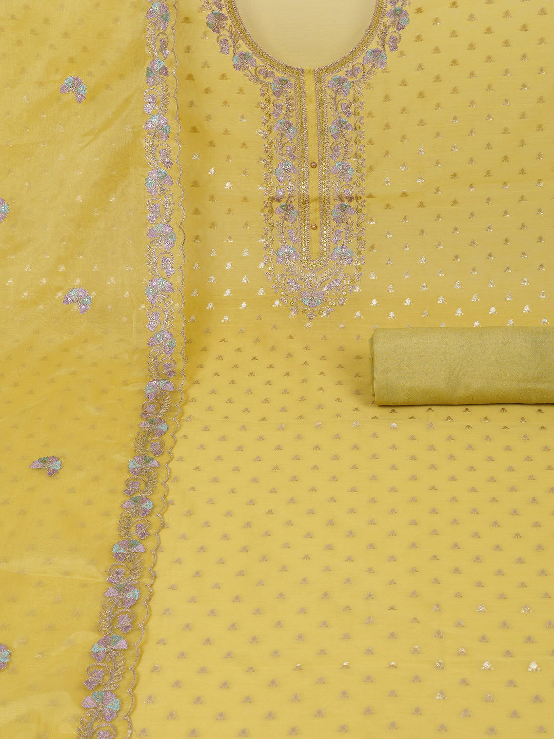Party Edit- The unstitched dobby chanderi suit set features colourful resham and golden dori embroidery