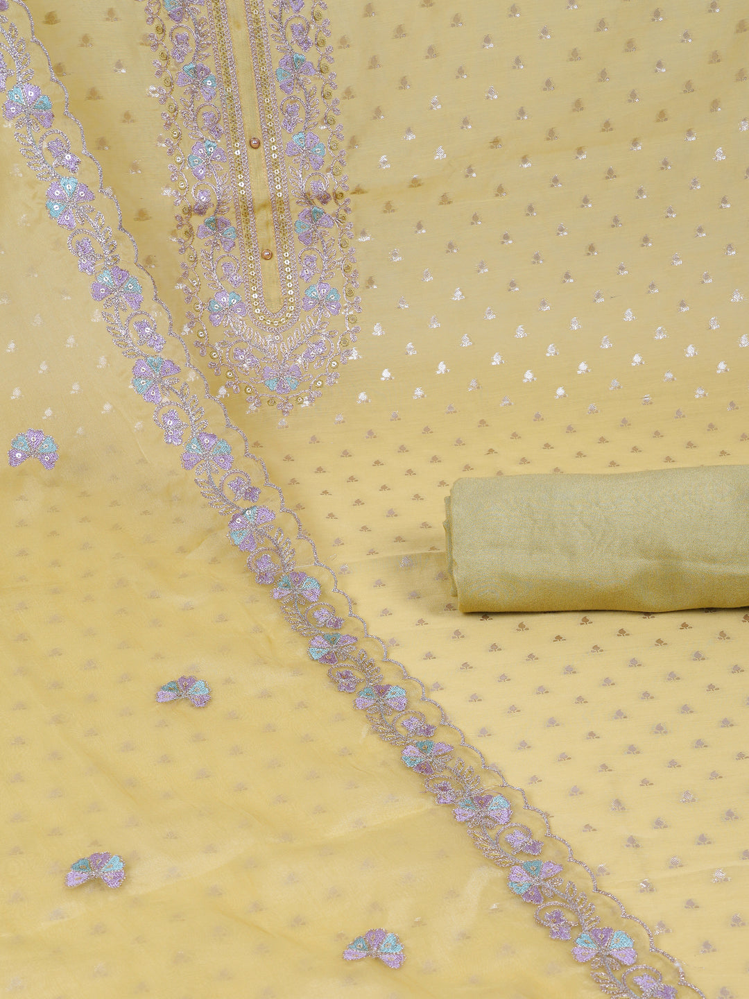 Party Edit- The unstitched dobby chanderi suit set features colourful resham and golden dori embroidery