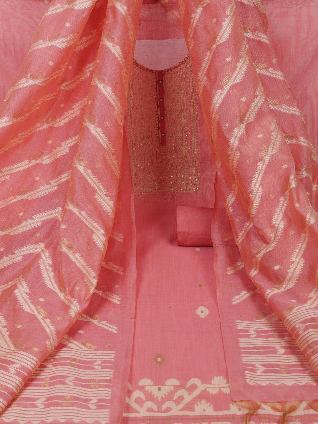 Party Edit- The chanderi suit set is embellished with dori embroidery & woven chanderi dupatta