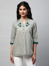 A-line Top in cotton teal blue stripes with mirrorwork at neckline