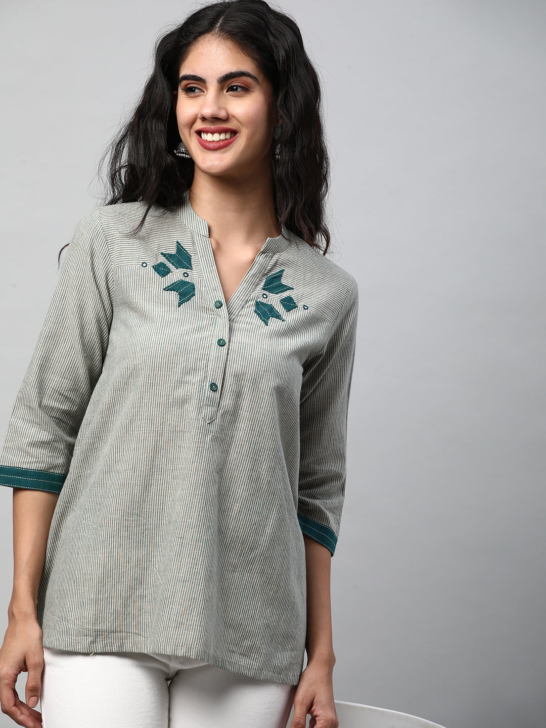 A-line Top in cotton teal blue stripes with mirrorwork at neckline