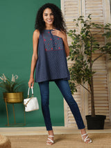 A-line south cotton tunic with chequered yoke and placket on front