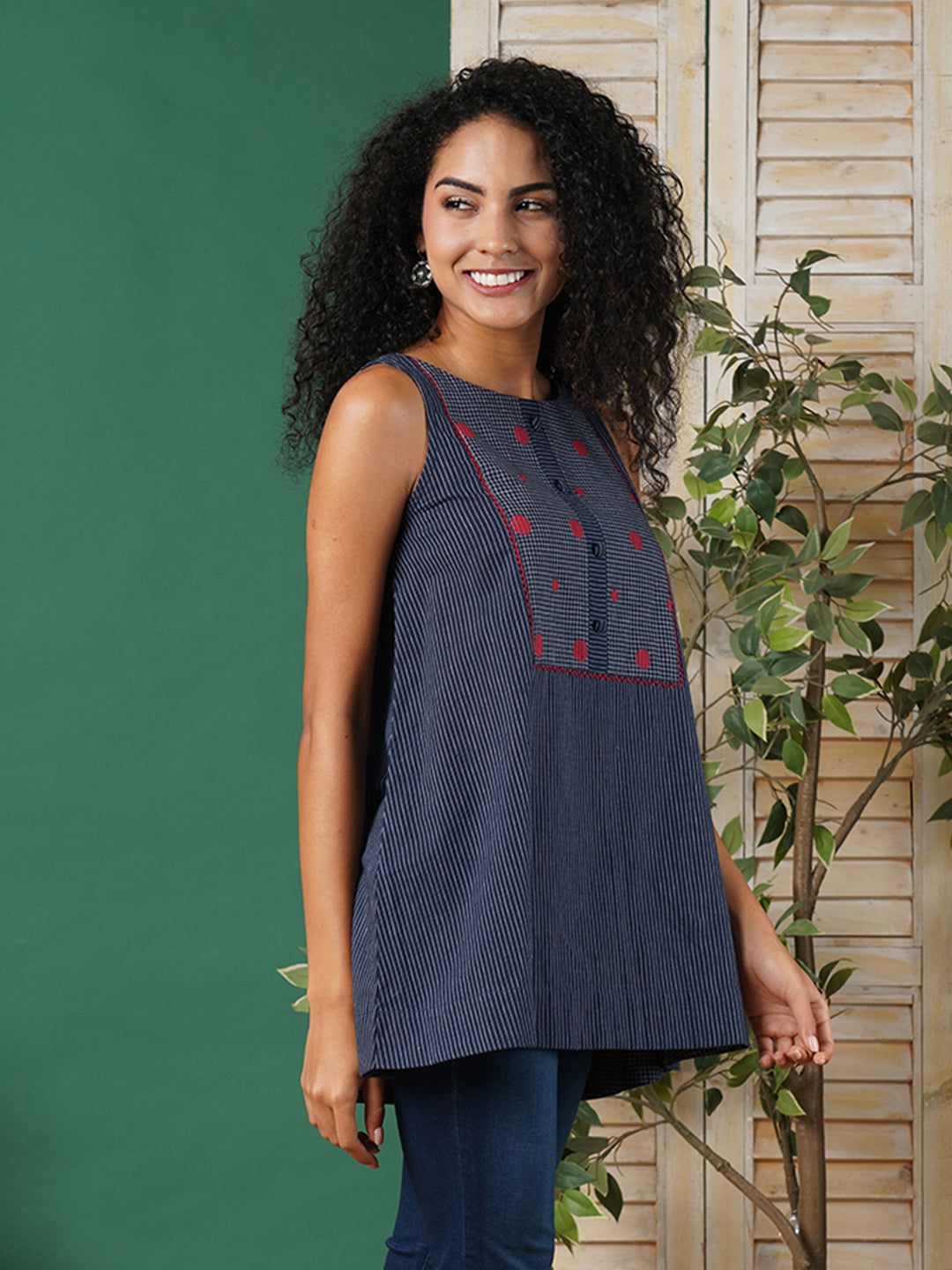 A-line south cotton tunic with chequered yoke and placket on front