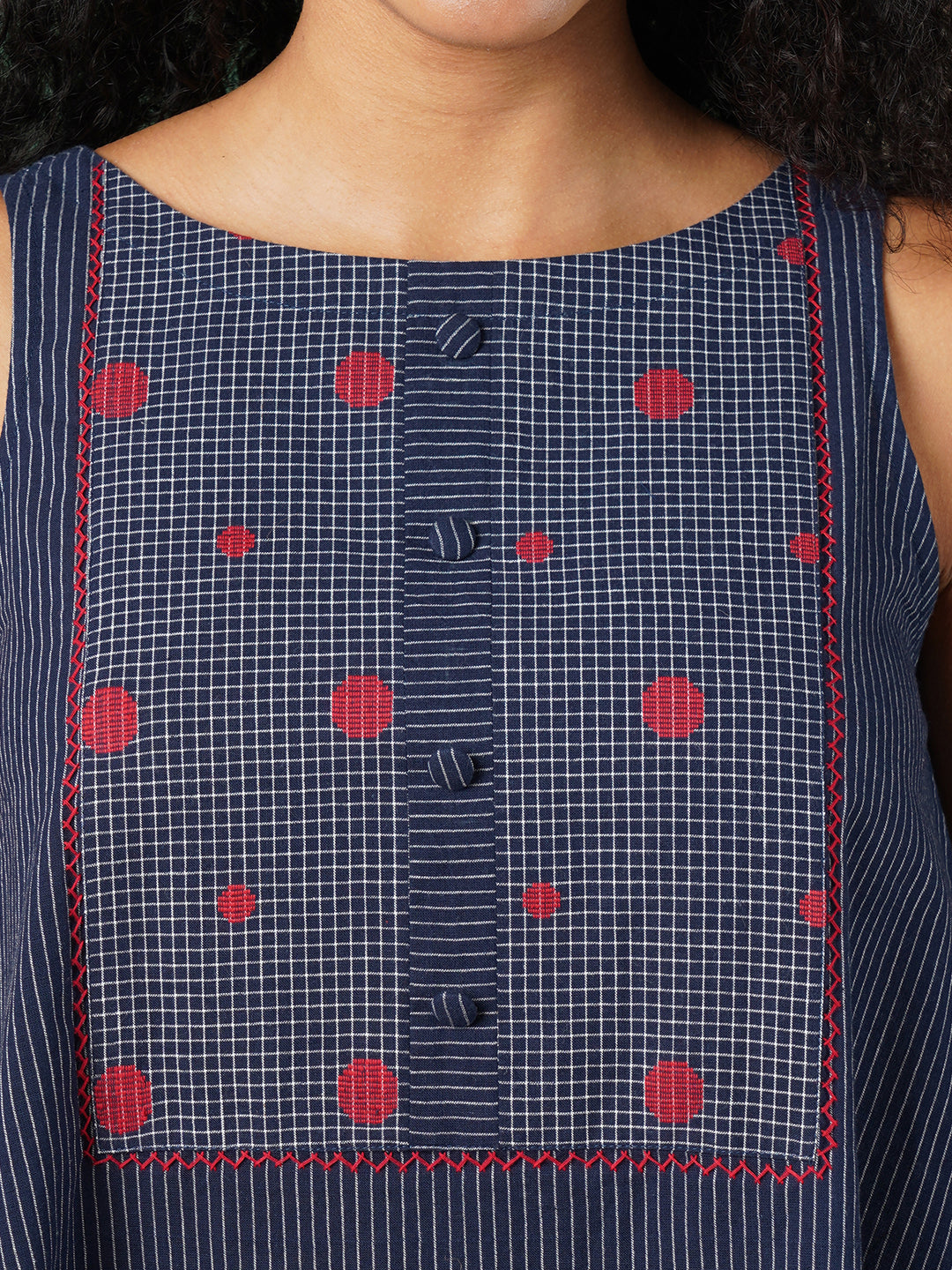 A-line south cotton tunic with chequered yoke and placket on front