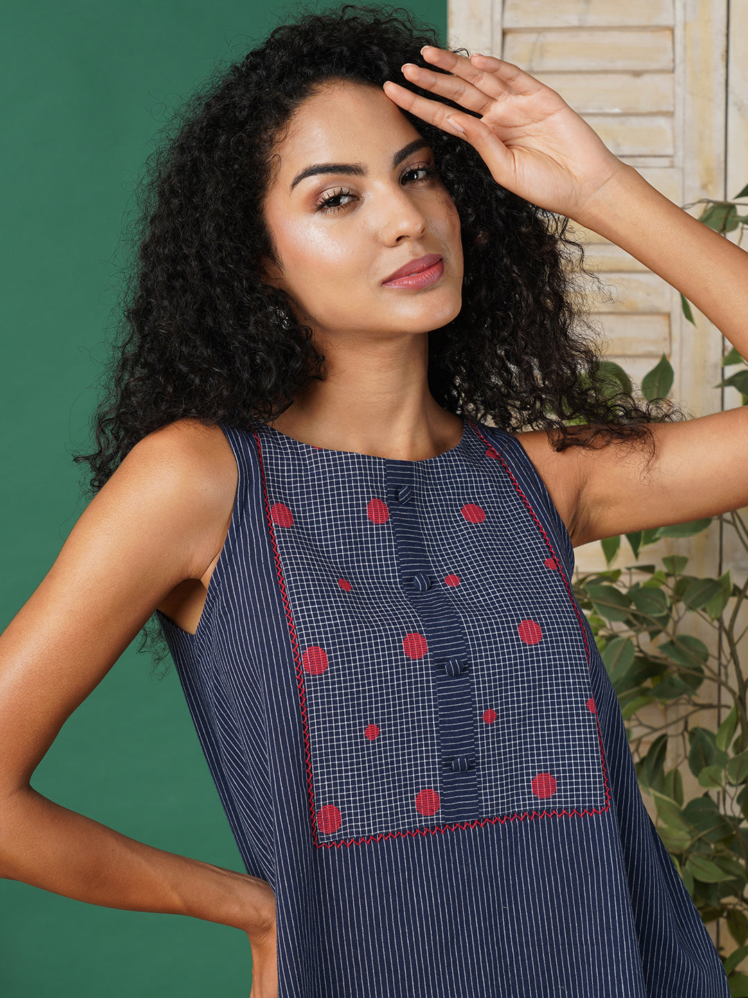 A-line south cotton tunic with chequered yoke and placket on front