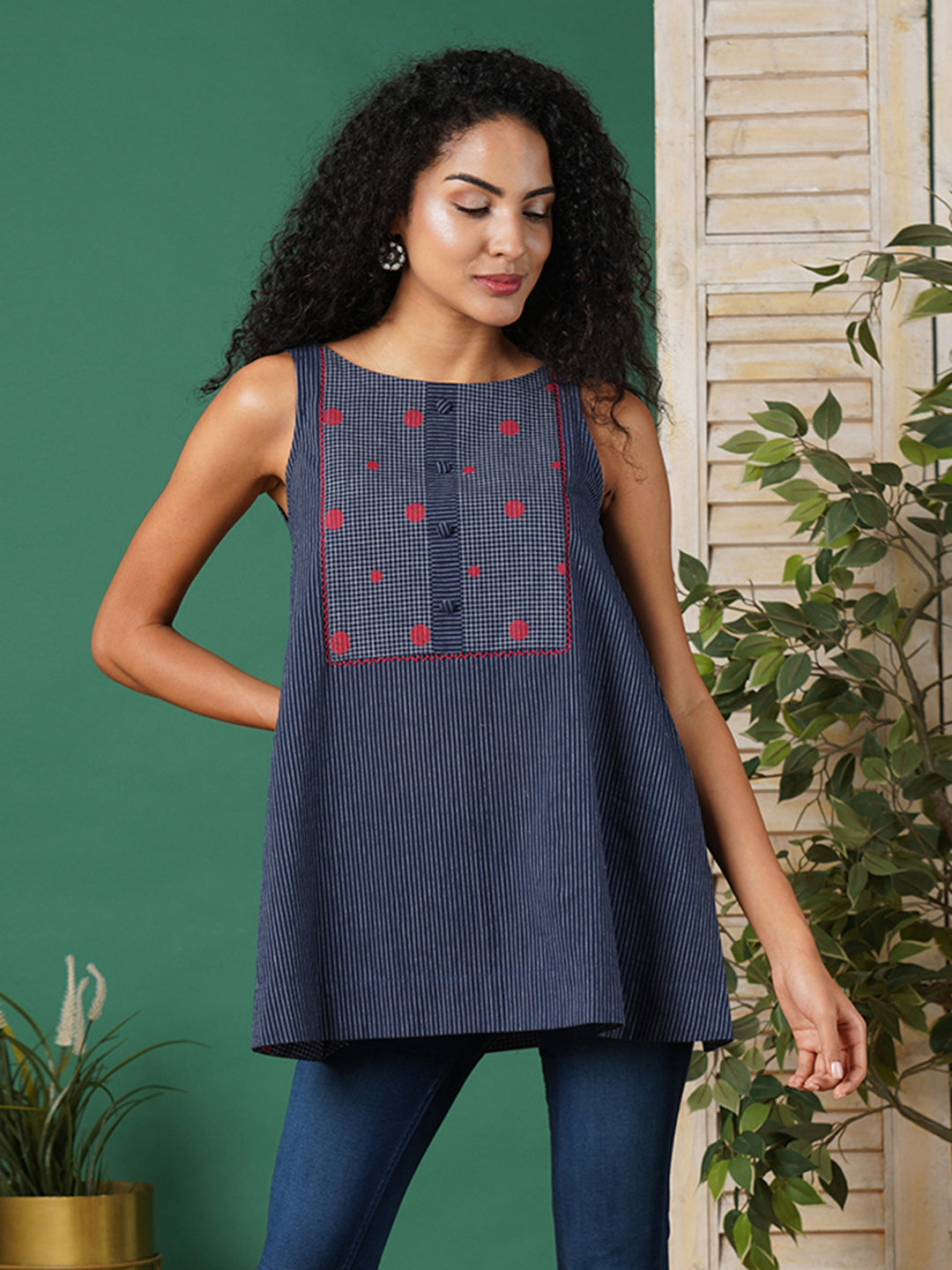 A-line south cotton tunic with chequered yoke and placket on front
