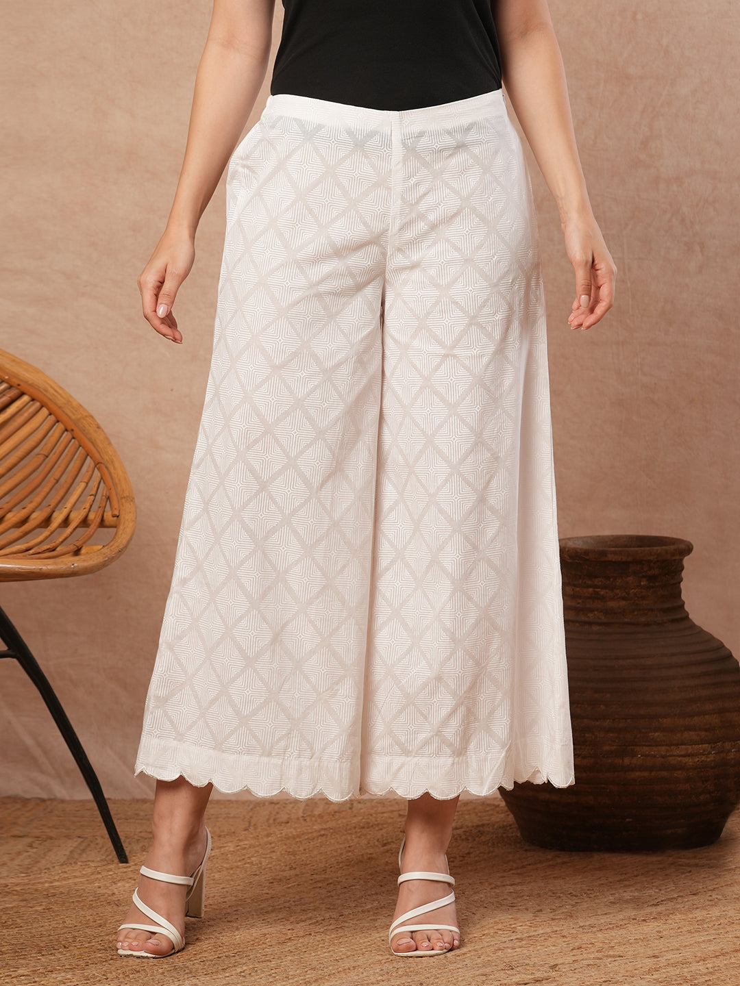 Pure white Cotton palazzo with scallop detailing in hem.