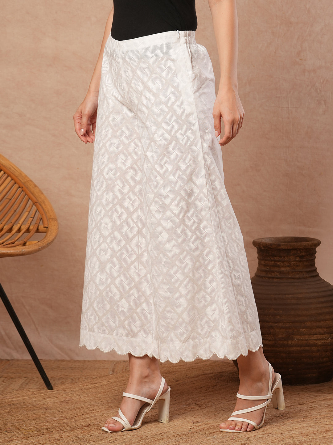 Pure white Cotton palazzo with scallop detailing in hem.