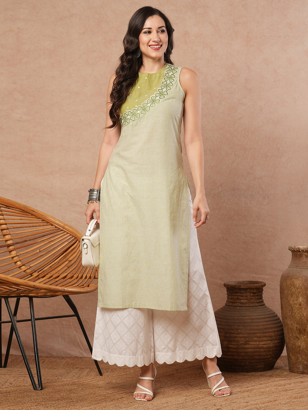 Pure white Cotton palazzo with scallop detailing in hem.