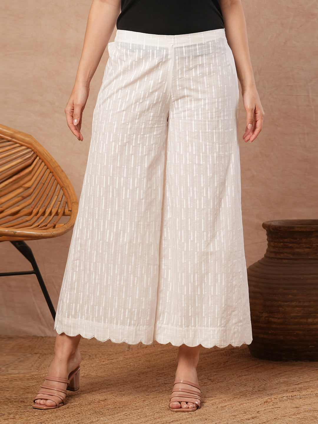 Pure white Cotton palazzo with scallop detailing in hem.