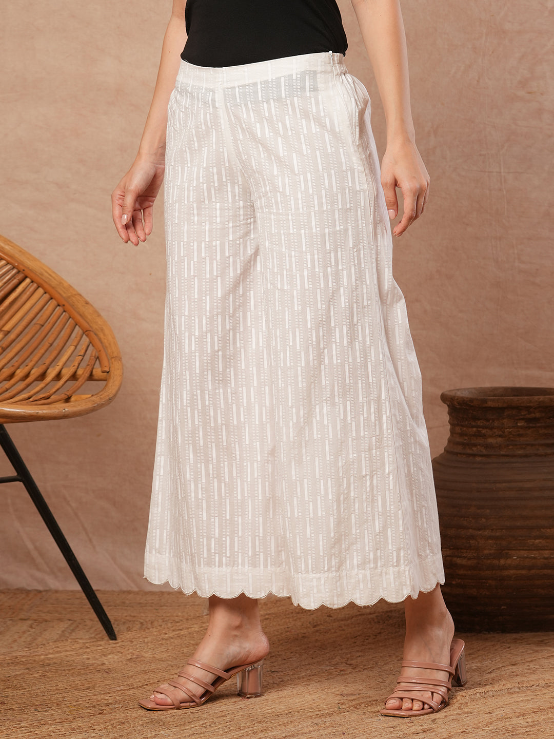 Pure white Cotton palazzo with scallop detailing in hem.