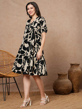 Printed cotton dress with gathering and pocket