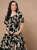 Printed cotton dress with gathering and pocket