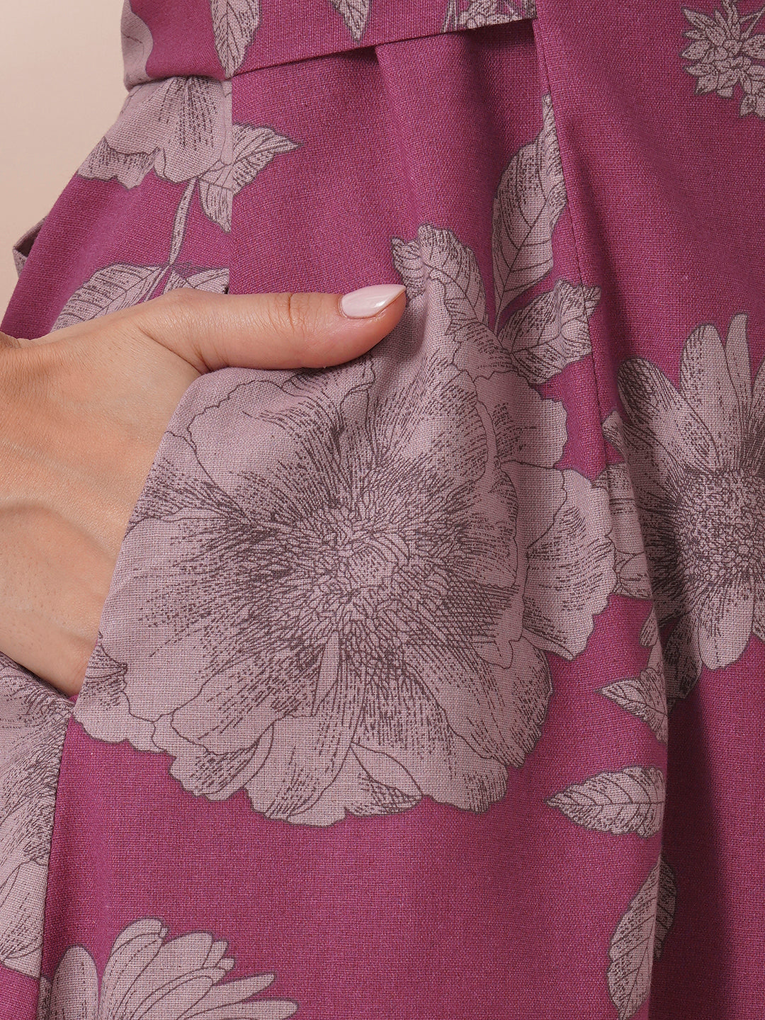 Printed flex extended shoulder dress with functional centre placket and waist tie-up.