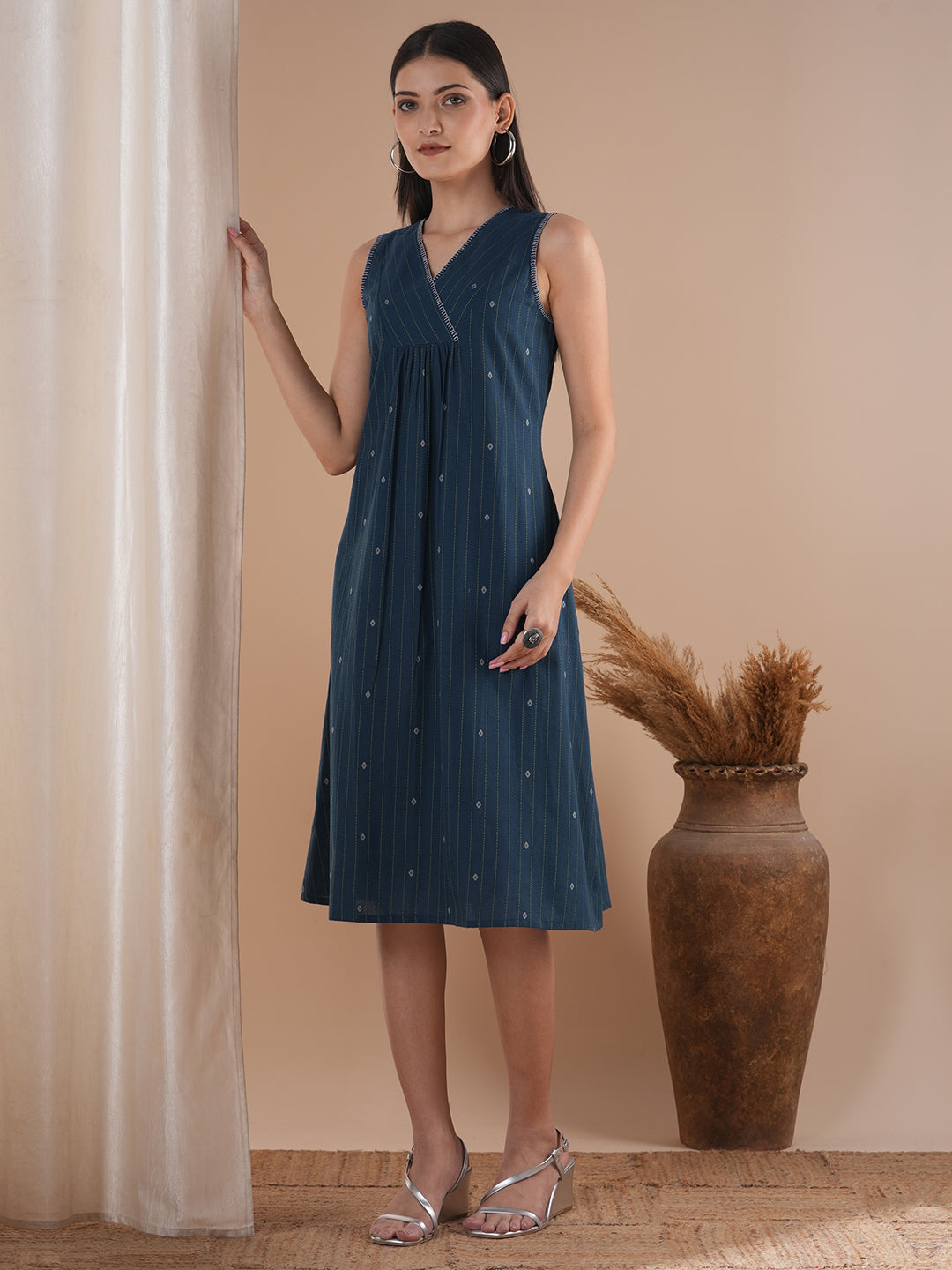 A-line dobby dress with overlap short yoke with gathers highlighted
