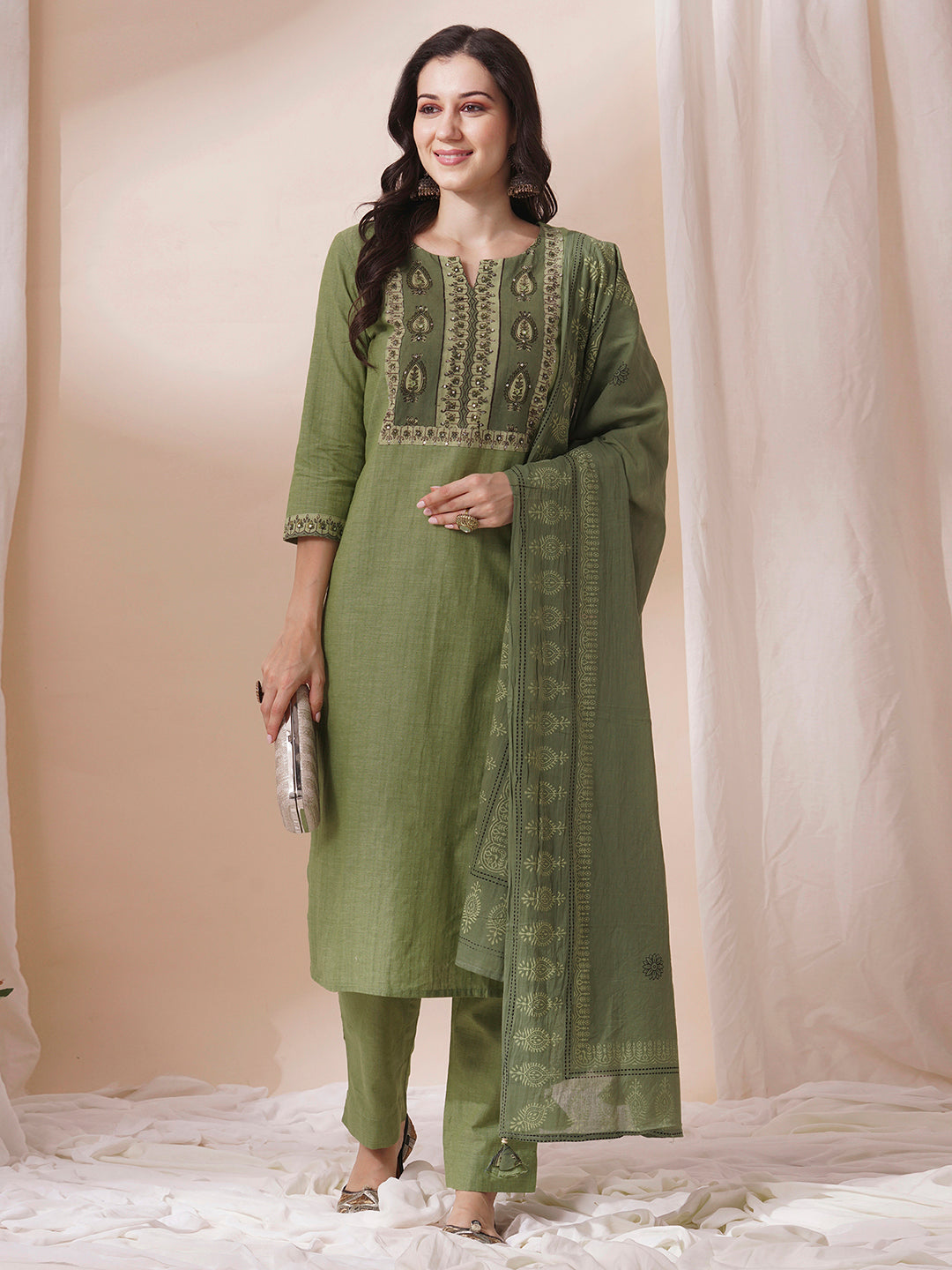 Cotton Straight Kurta Set with Sequin and Mirror Work Detailing, Printed Dupatta and Coordinated Pants