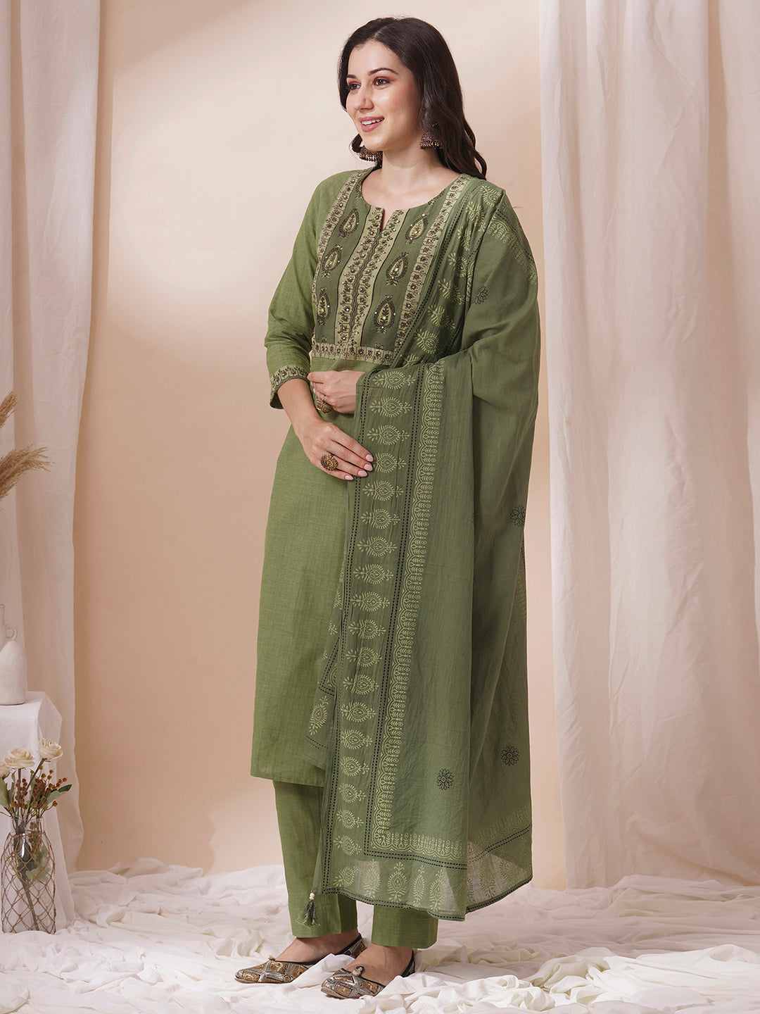 Cotton Straight Kurta Set with Sequin and Mirror Work Detailing, Printed Dupatta and Coordinated Pants