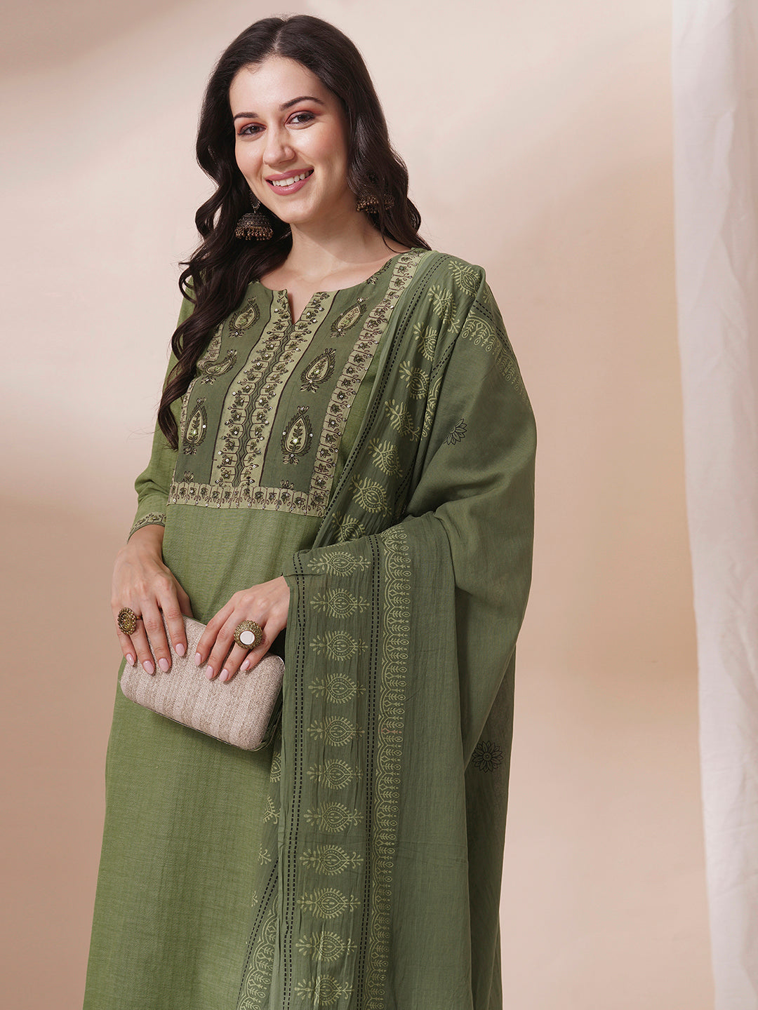 Cotton Straight Kurta Set with Sequin and Mirror Work Detailing, Printed Dupatta and Coordinated Pants