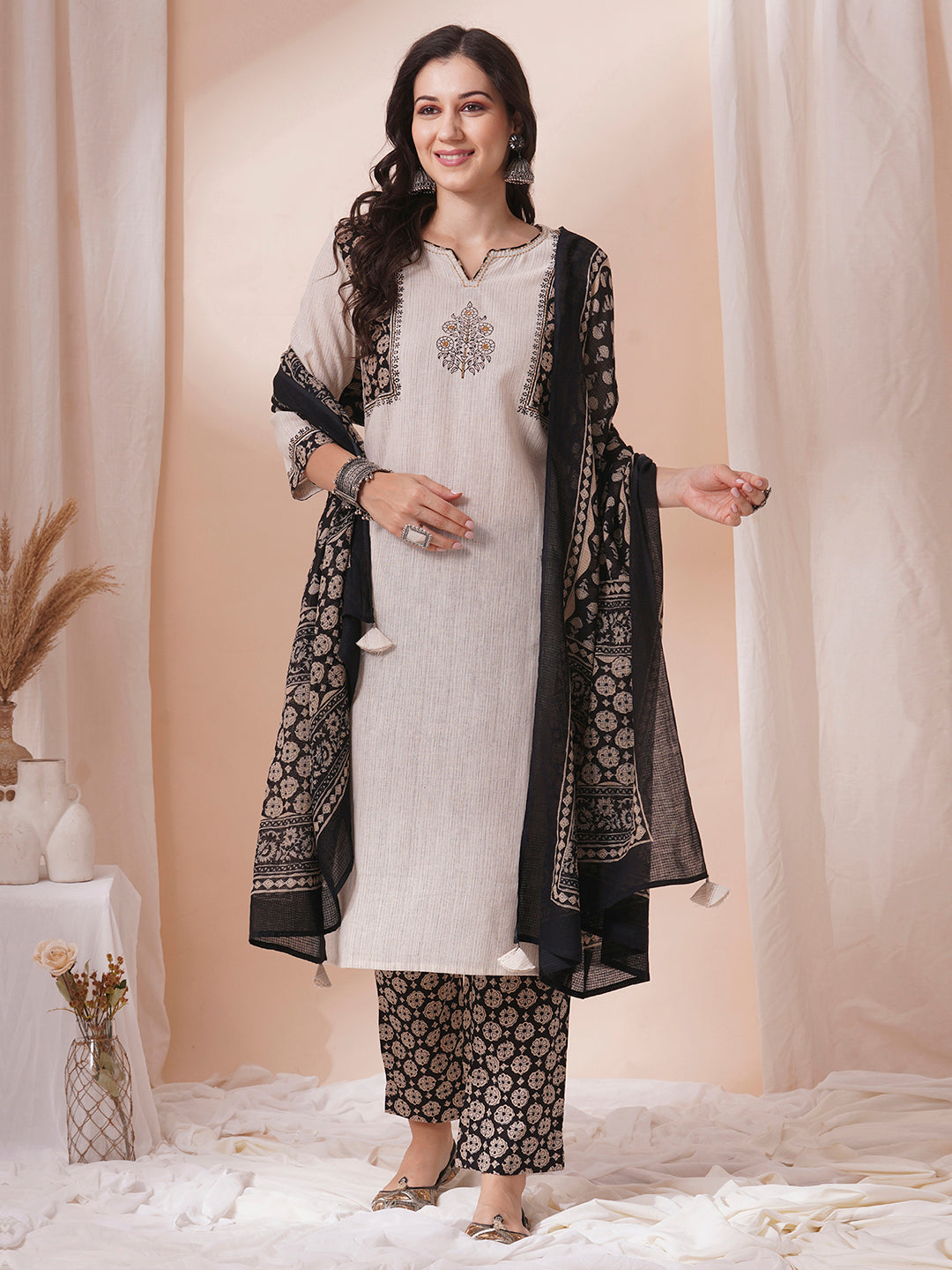 Cotton kurta suit set with mirror work with printed dupatta and printed pant.