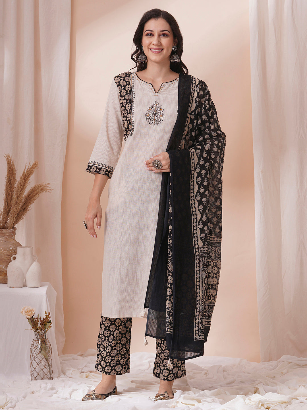 Cotton kurta suit set with mirror work with printed dupatta and printed pant.