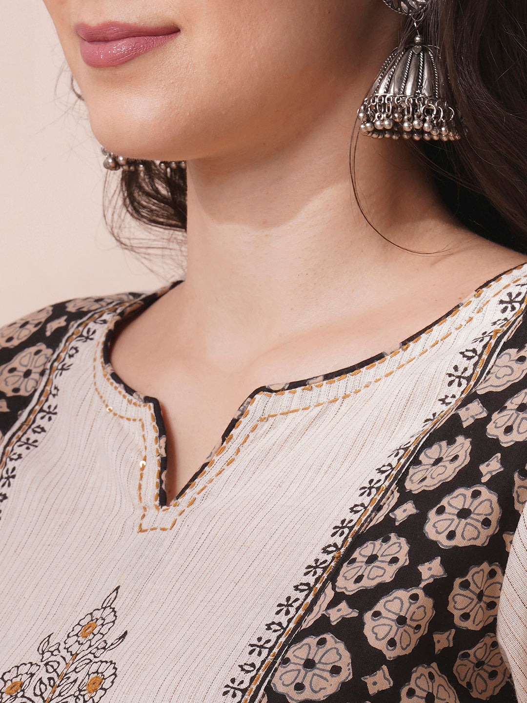 Cotton kurta suit set with mirror work with printed dupatta and printed pant.