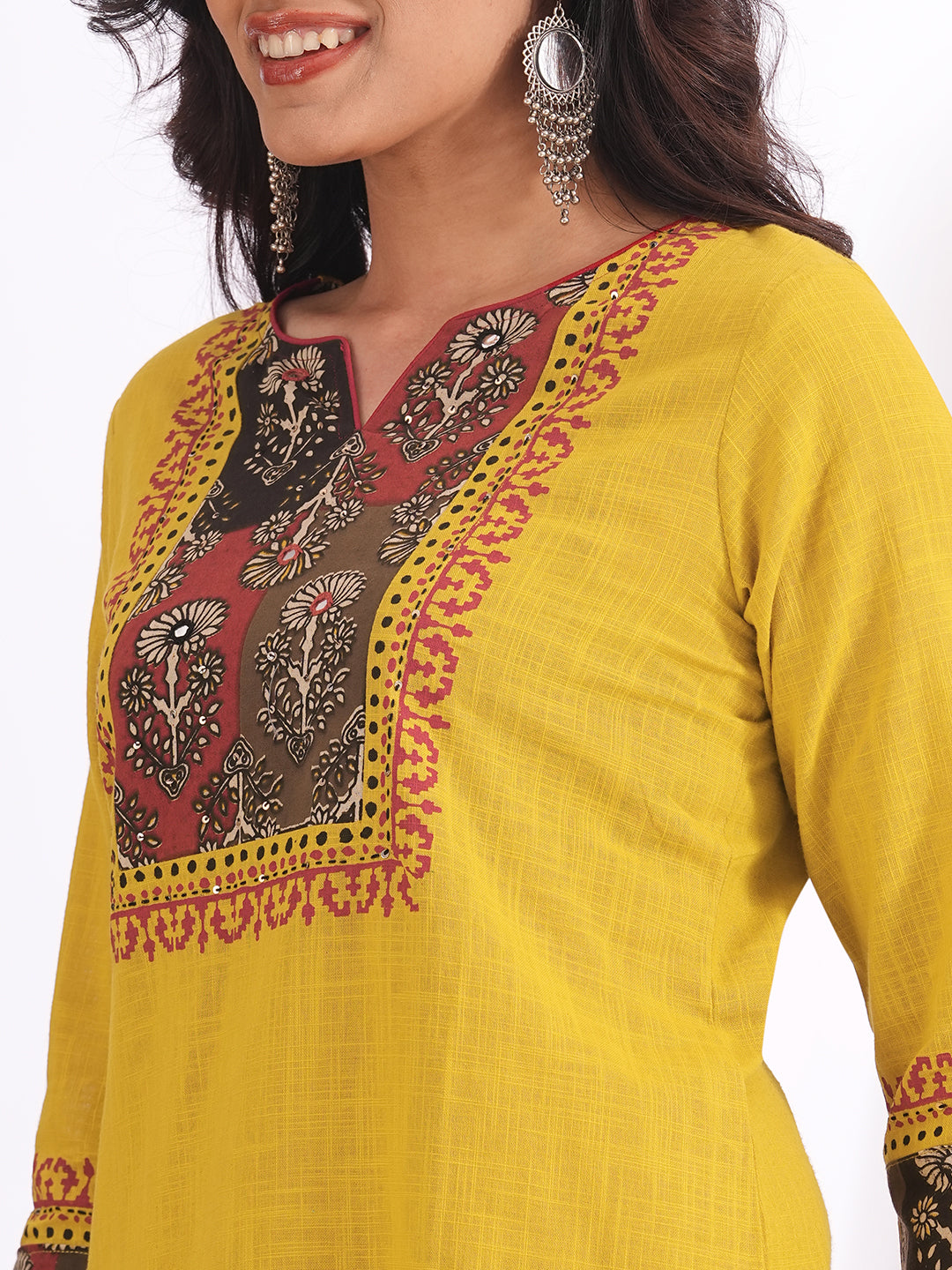 Embroidered Straight Kurta Suit Set with matching solid pants and a printed dupatta.