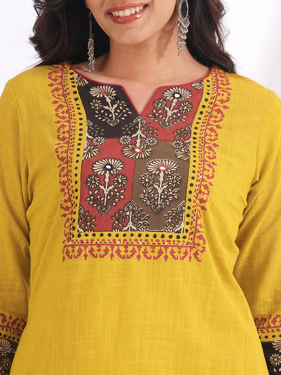 Embroidered Straight Kurta Suit Set with matching solid pants and a printed dupatta.