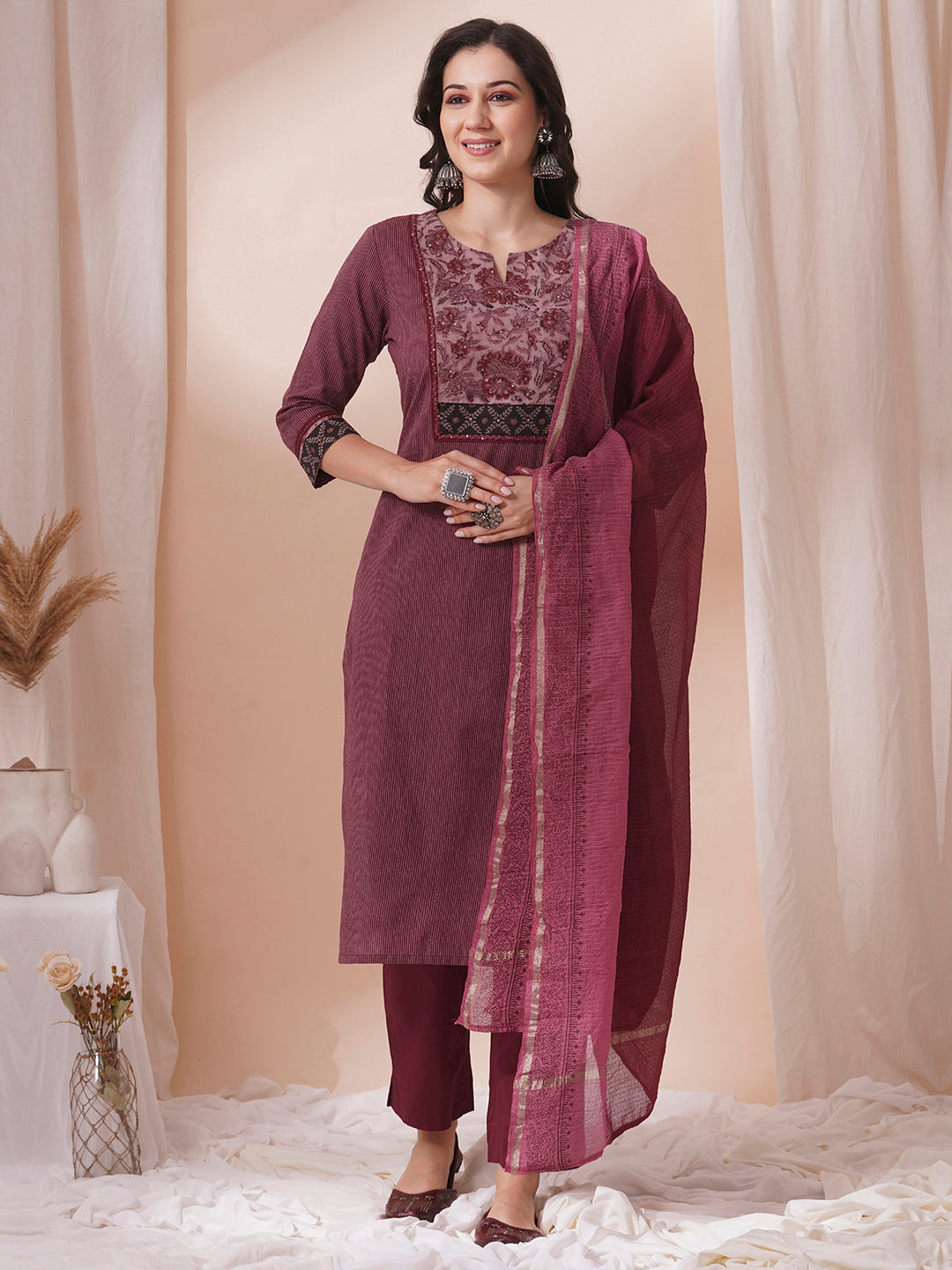 Maroon Striper straight fit kurta suit set with mix and match yoke emphasises of handwork.