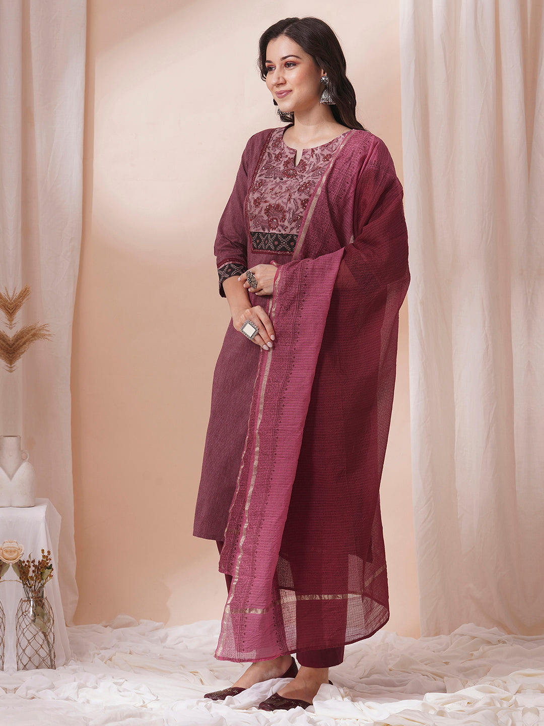 Maroon Striper straight fit kurta suit set with mix and match yoke emphasises of handwork.