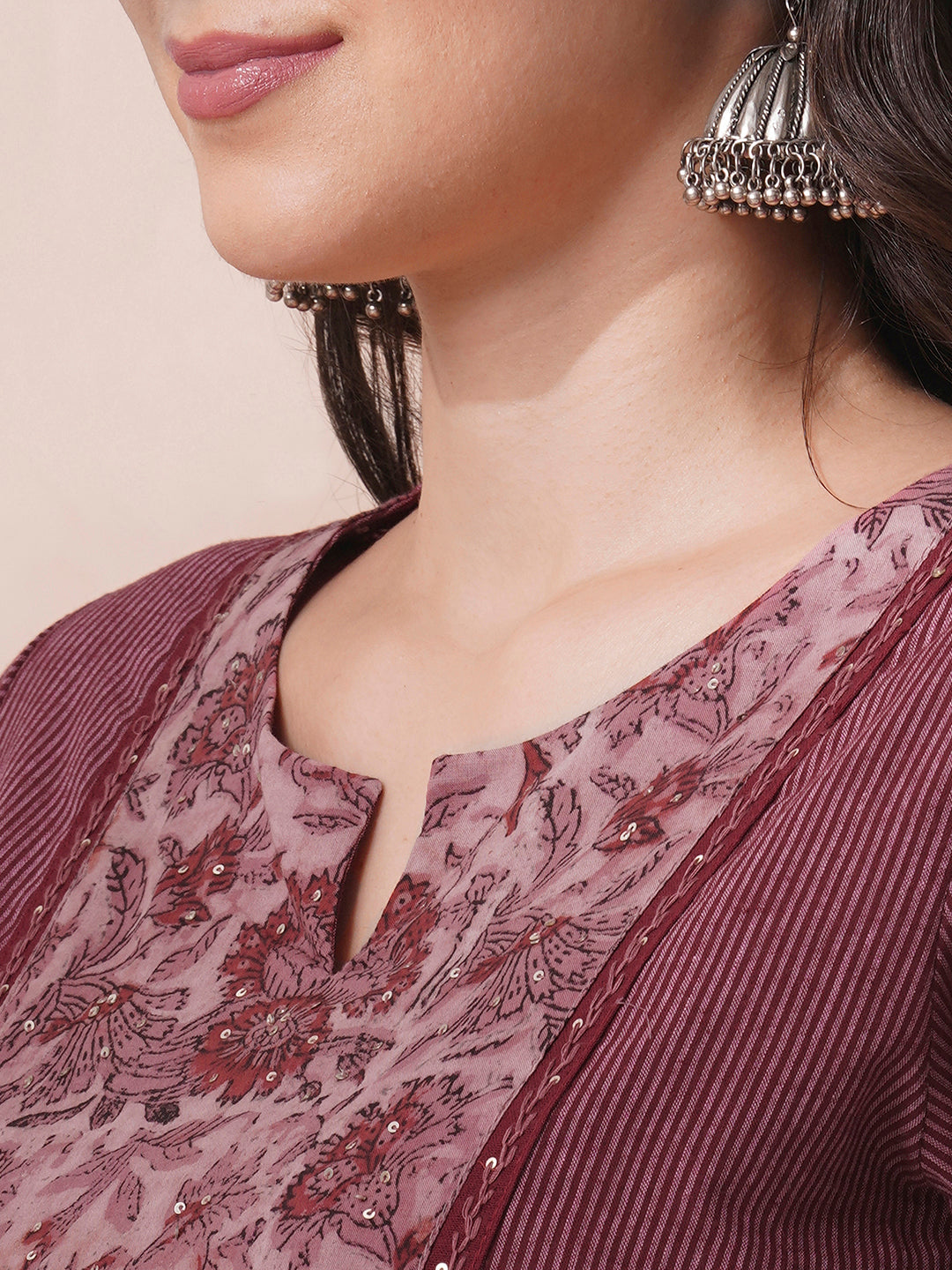 Maroon Striper straight fit kurta suit set with mix and match yoke emphasises of handwork.