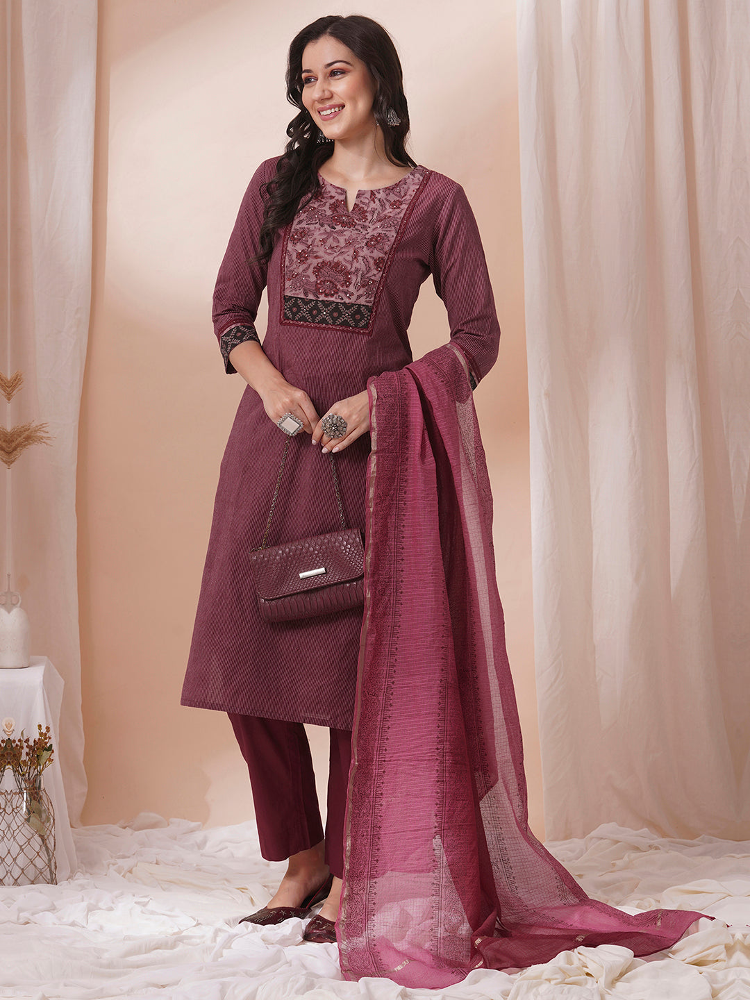 Maroon Striper straight fit kurta suit set with mix and match yoke emphasises of handwork.