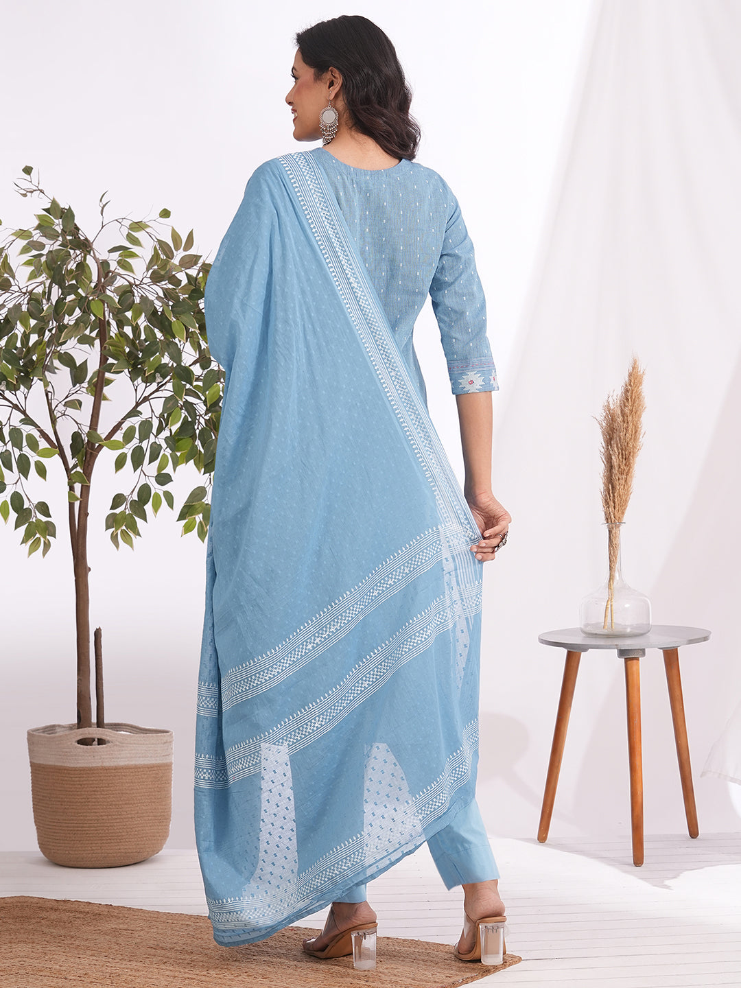 3-piece straight fit suit set mirror worked kurta adorned with a mal block printed dupatta.