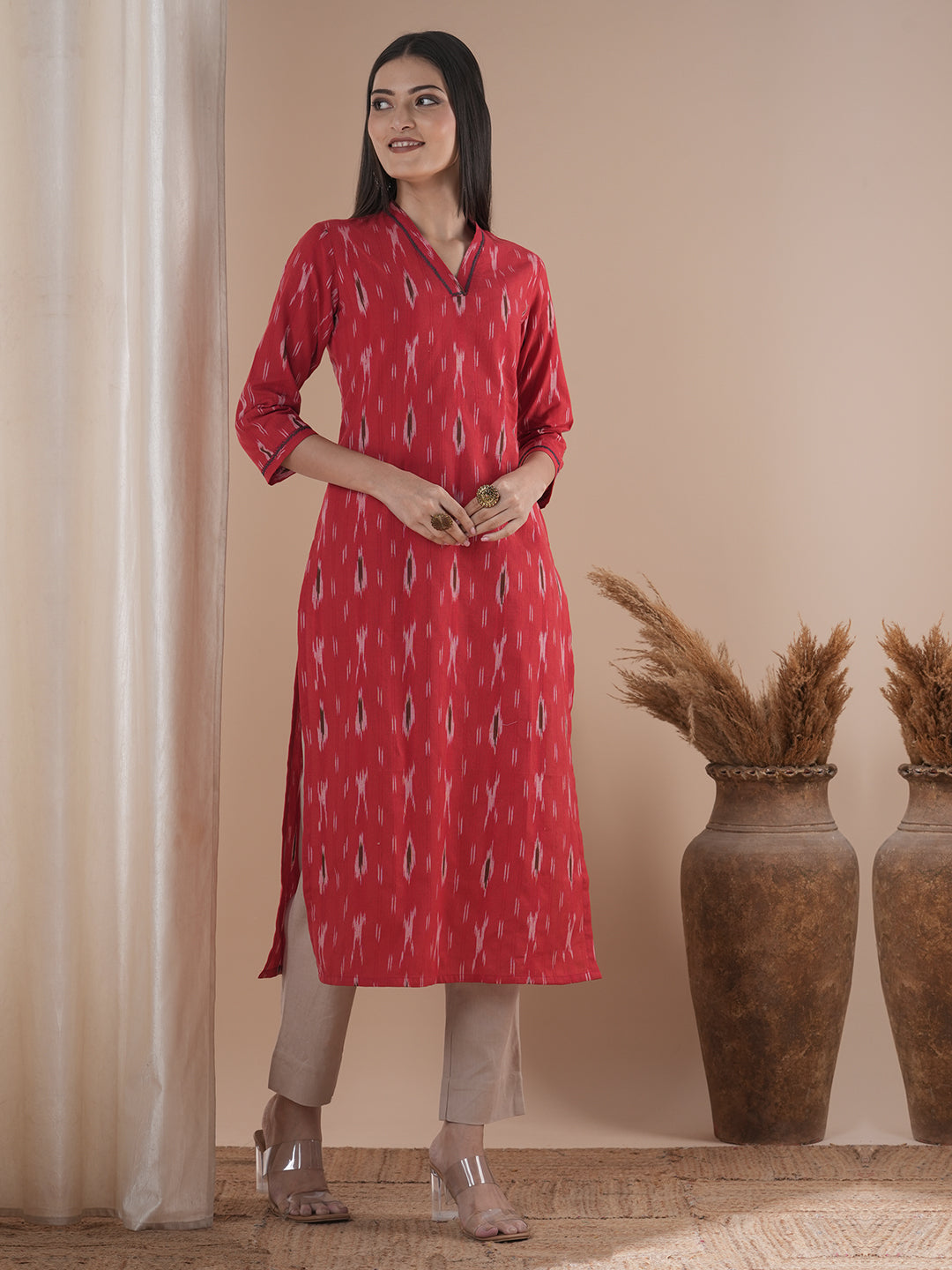 Straight fit kurta in cotton ikat fabric with hand embroidery highlight