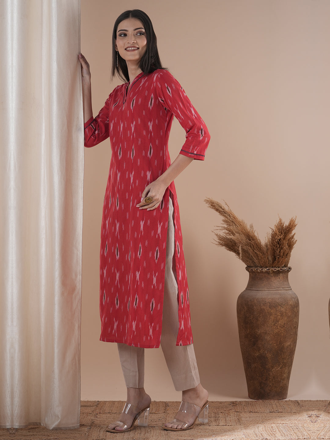 Straight fit kurta in cotton ikat fabric with hand embroidery highlight