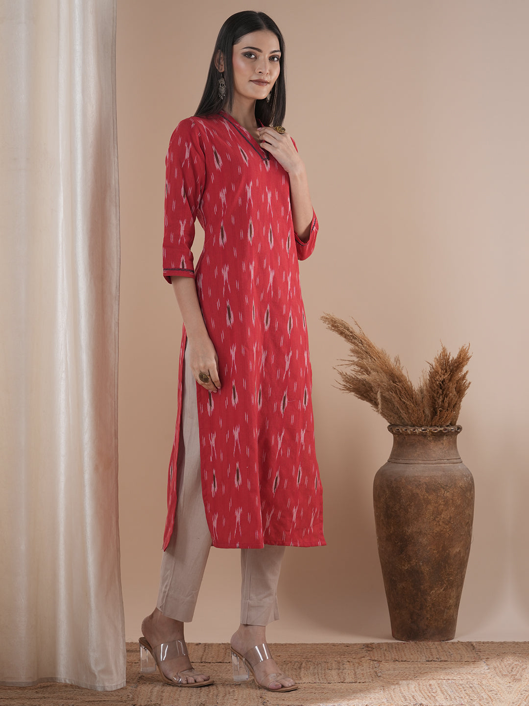 Straight fit kurta in cotton ikat fabric with hand embroidery highlight