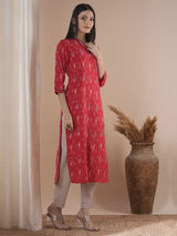 Straight fit kurta in cotton ikat fabric with hand embroidery highlight