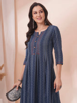 Box pleated dobby kurta in A-Line fit with hand embroidery and pocket.