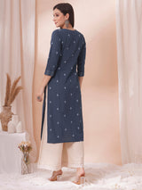 Straight fit cotton dobby kurta with hand embroidery.