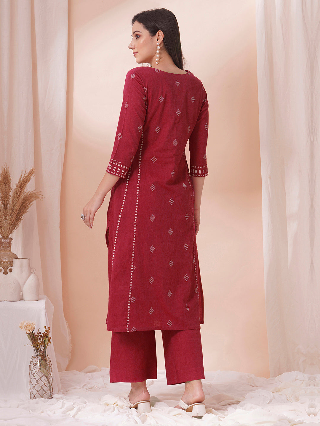 A-Line dobby kurta with block print on the princess Pannel and sleeve cuff along with handwork.