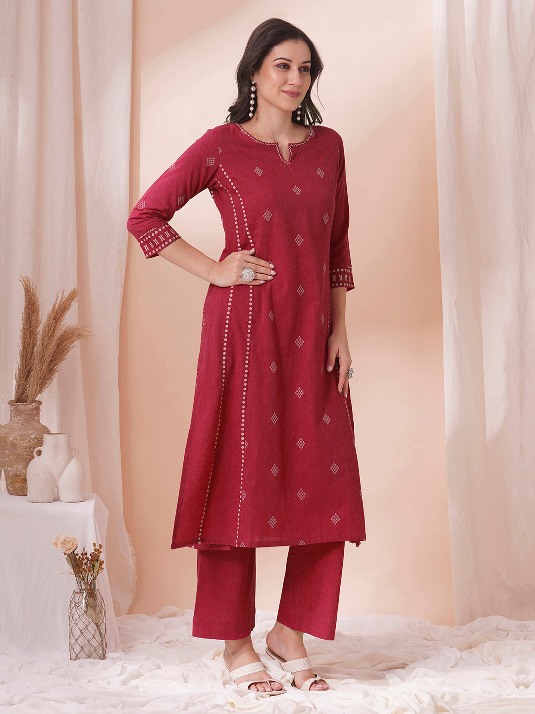 A-Line dobby kurta with block print on the princess Pannel and sleeve cuff along with handwork.
