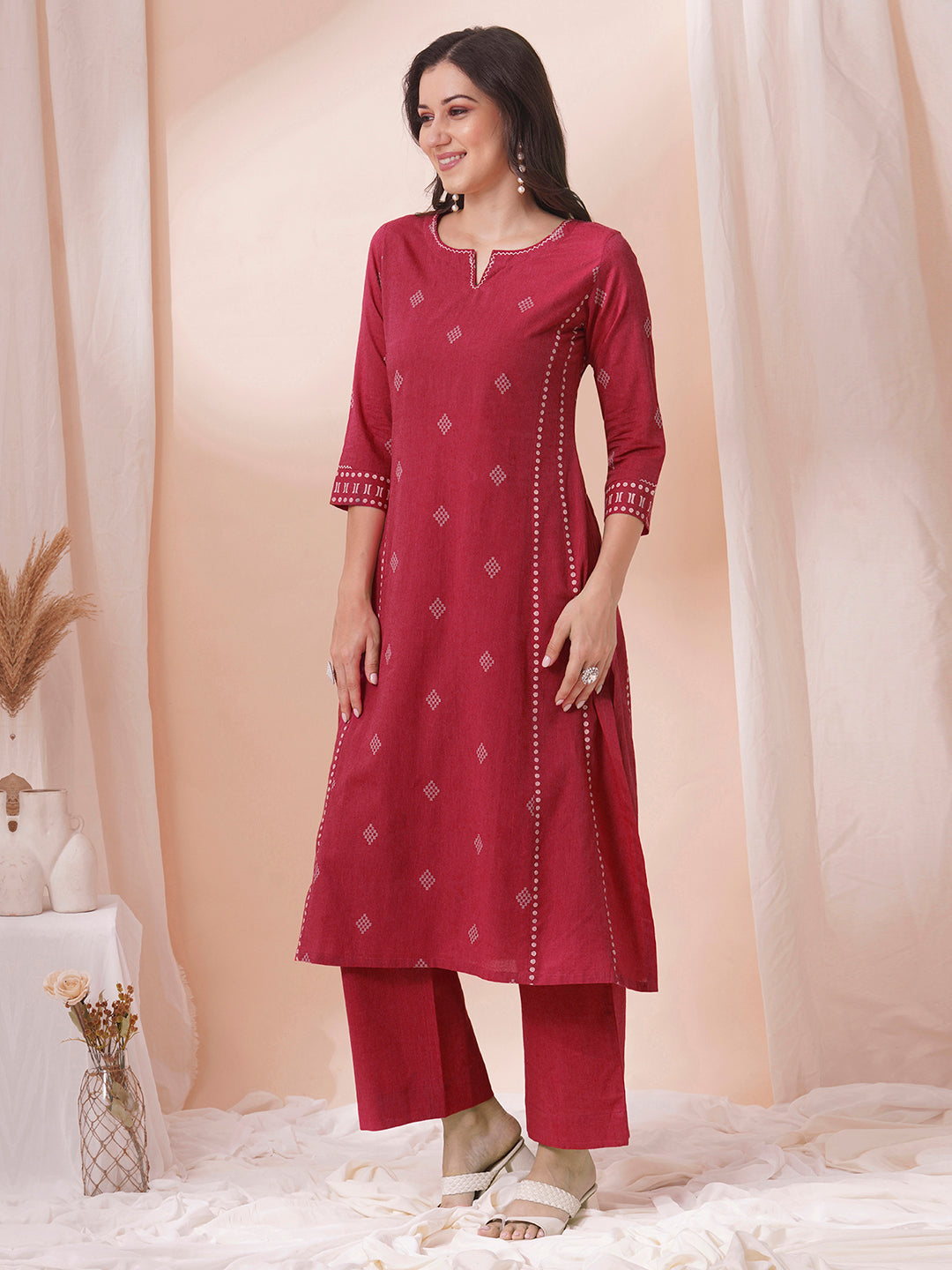 A-Line dobby kurta with block print on the princess Pannel and sleeve cuff along with handwork.