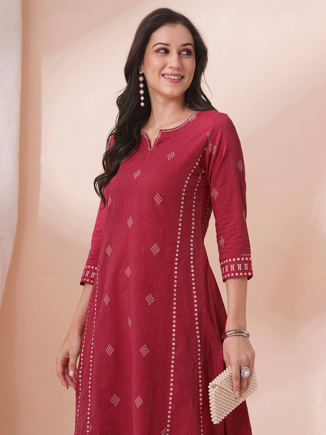 A-Line dobby kurta with block print on the princess Pannel and sleeve cuff along with handwork.