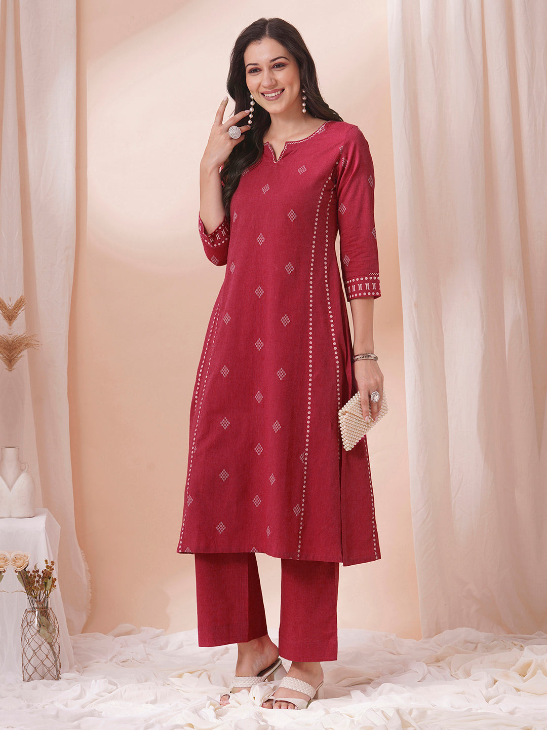 A-Line dobby kurta with block print on the princess Pannel and sleeve cuff along with handwork.