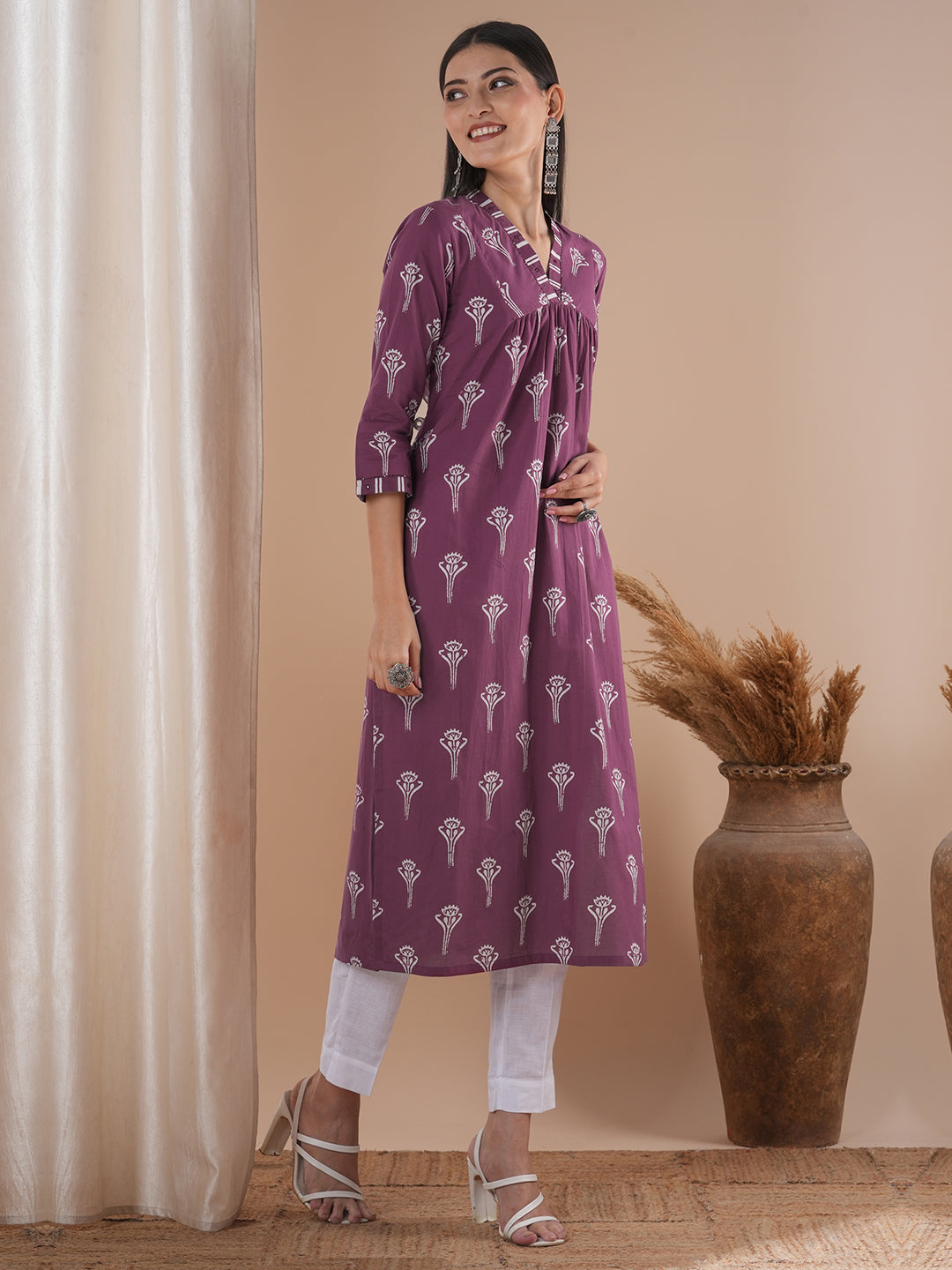 Gathered cotton print kurta with hand embroidery