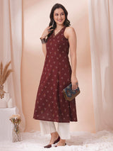 A-Line V-neck kurta in printed cotton flex with hand embroidery.