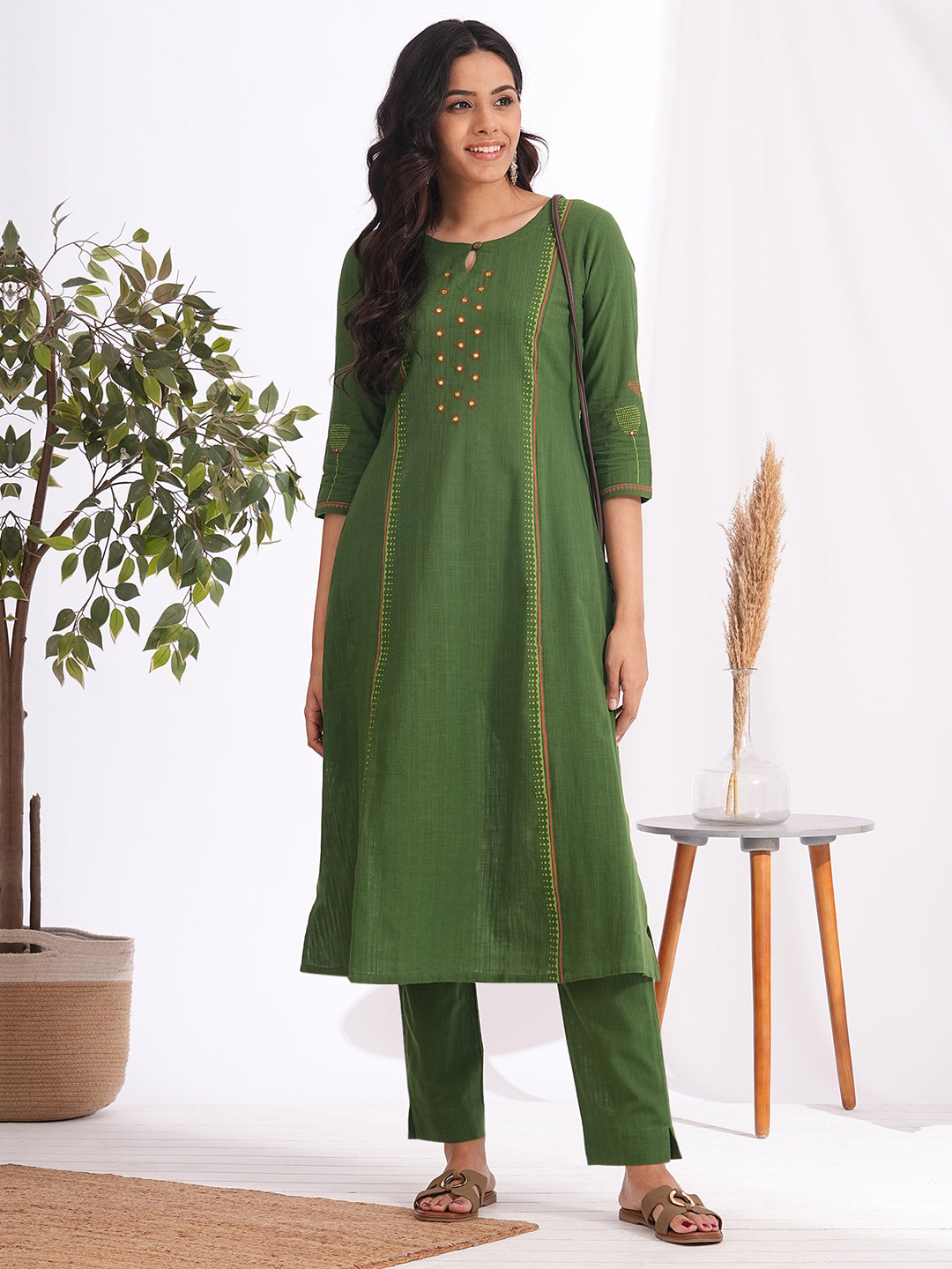 Pocketed A-line cotton slurb kurta with handwork and block print detailing