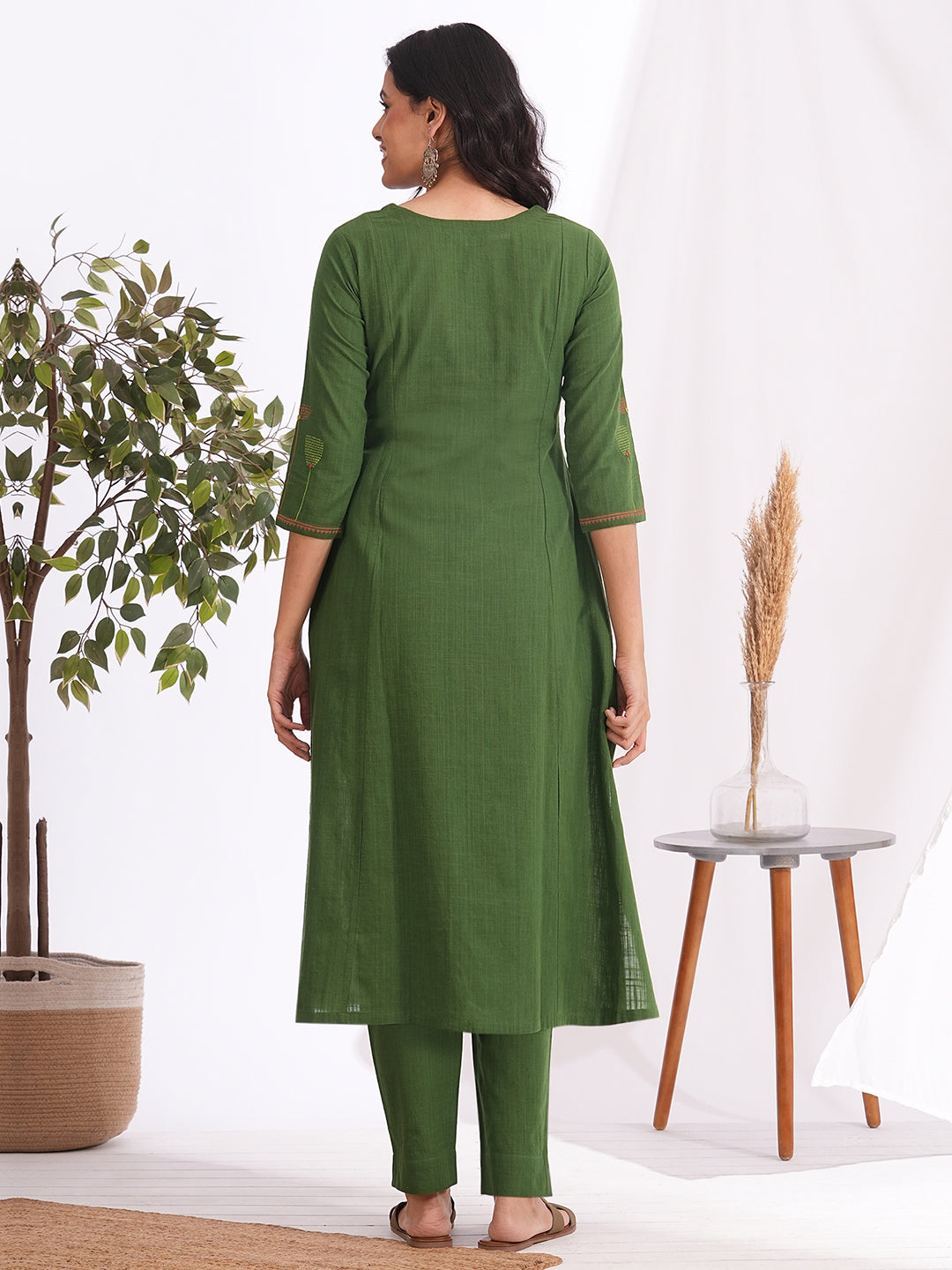 Pocketed A-line cotton slurb kurta with handwork and block print detailing
