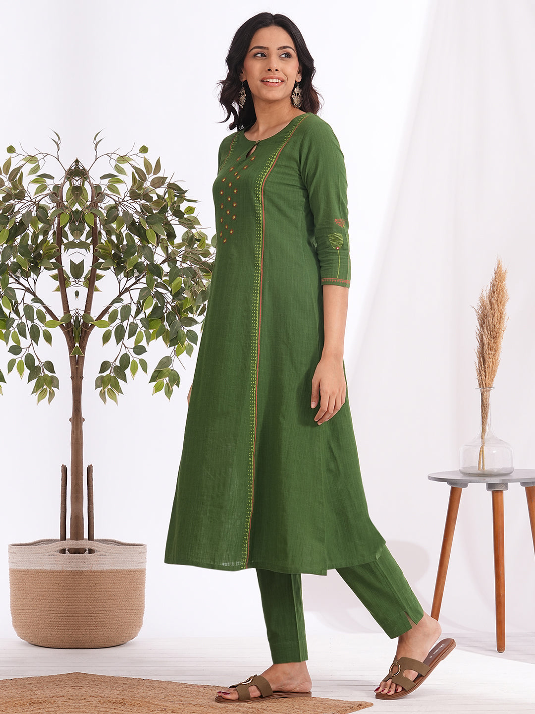 Pocketed A-line cotton slurb kurta with handwork and block print detailing